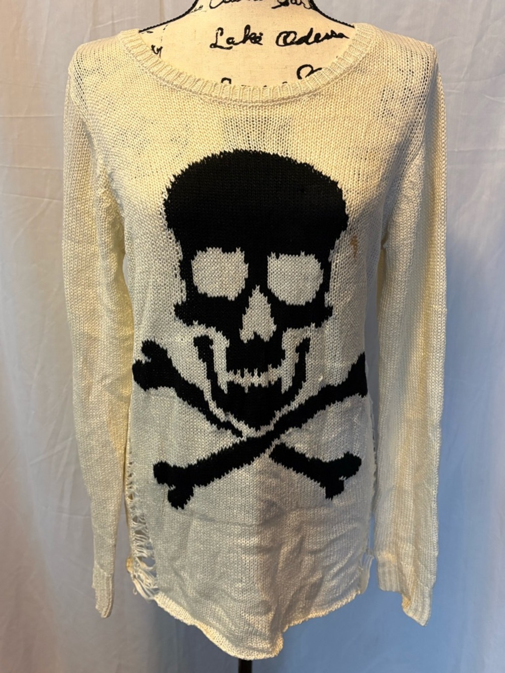 Hot Topic Cream and Black Skull Crossbones Knit Sweater